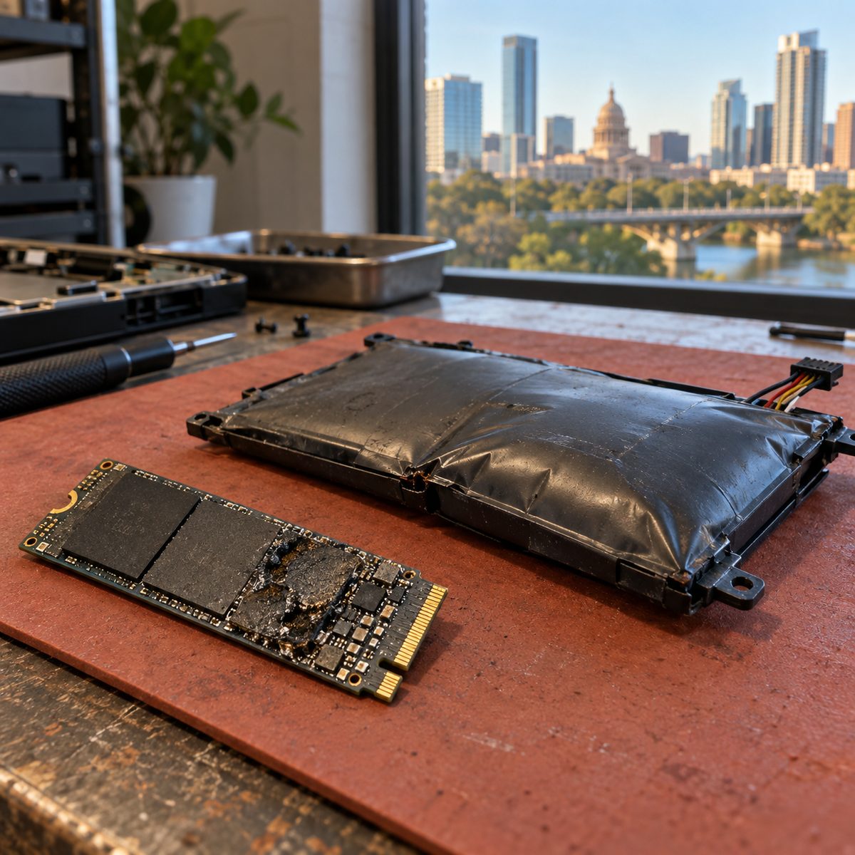 A failed drive and a swollen battery, the kind of fault SPLE sends to a local bench