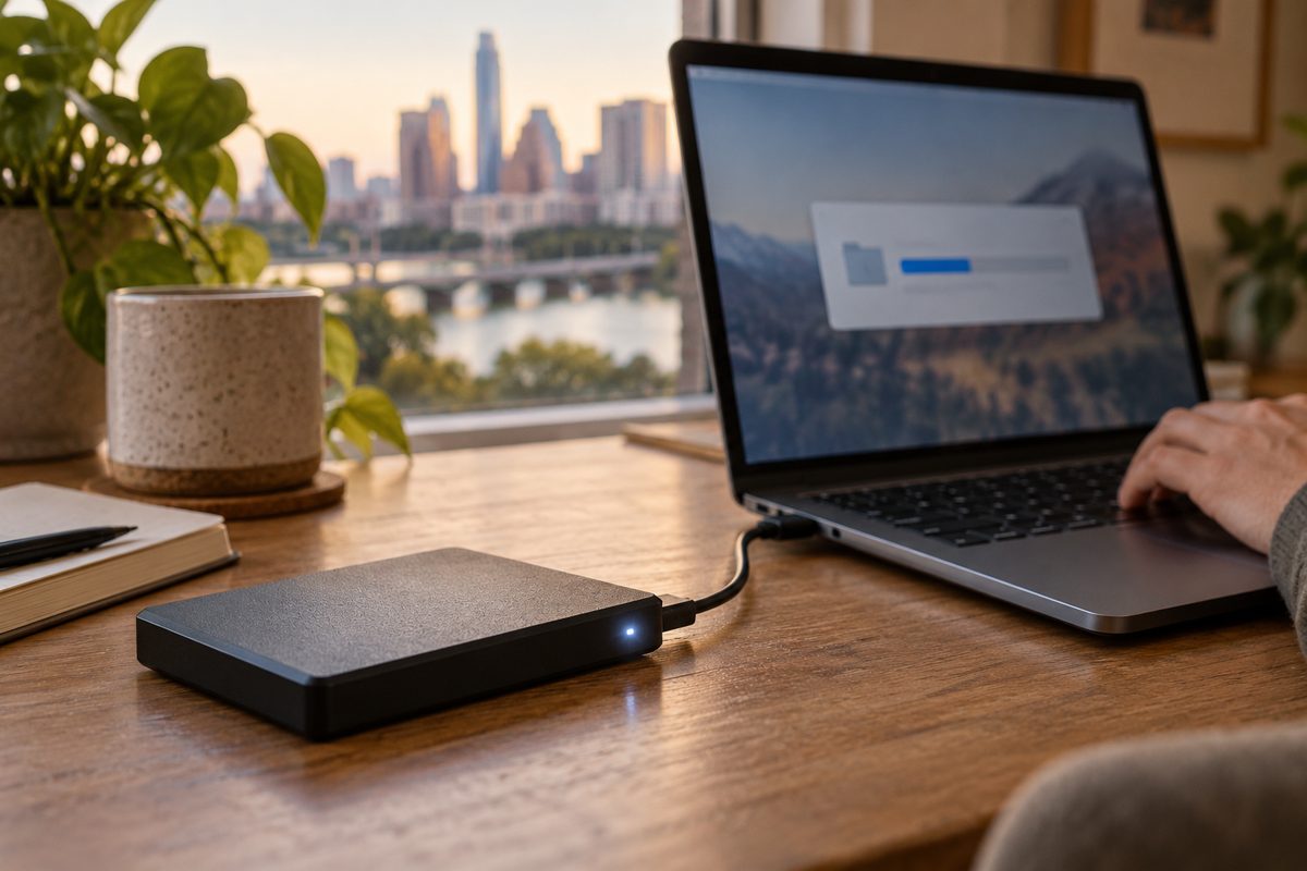 External backup drive connected to a laptop during a backup run