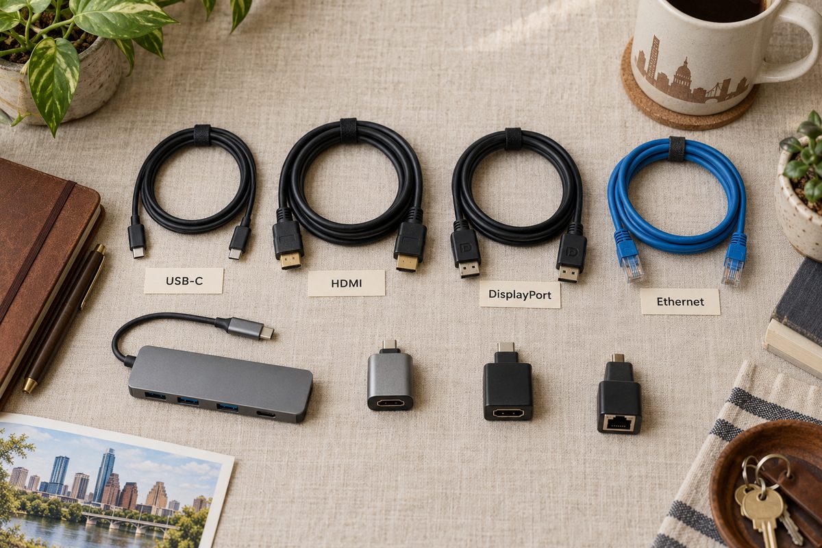 Cables and adapters laid out in a grid