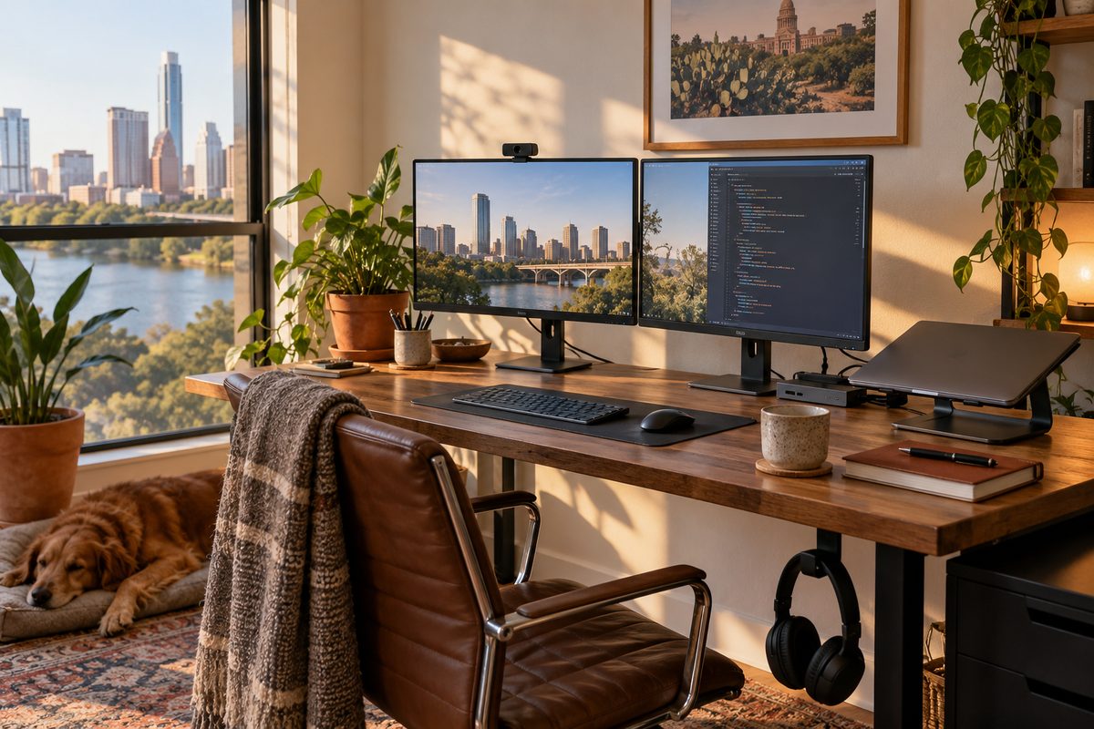 Home office desk with a docked laptop, two monitors and a headset