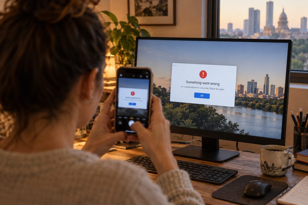 A person photographing an error message to describe the problem