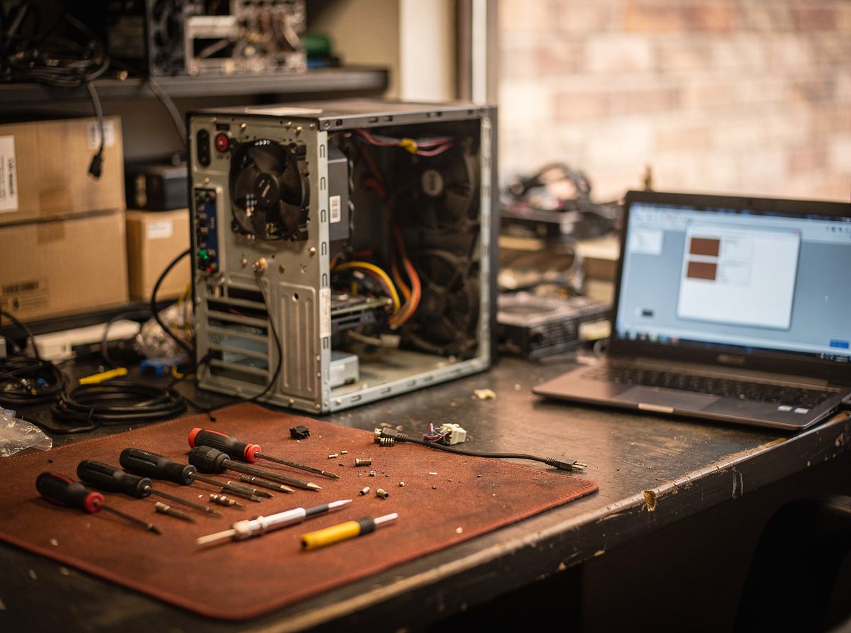 A repair shop bench where a technician hands remote work to SPLE