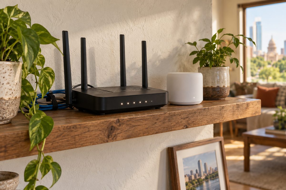 Wi-Fi router and mesh node on a shelf