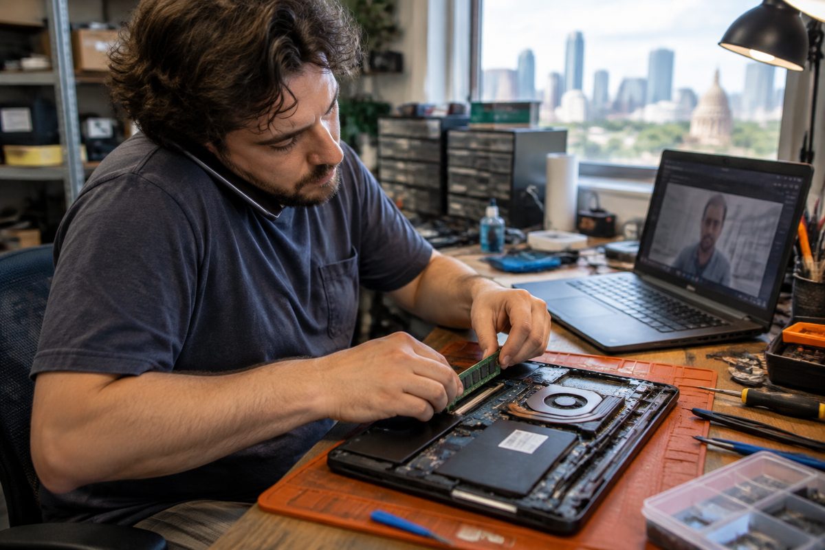 Independent technician working at the bench while a remote session runs beside them