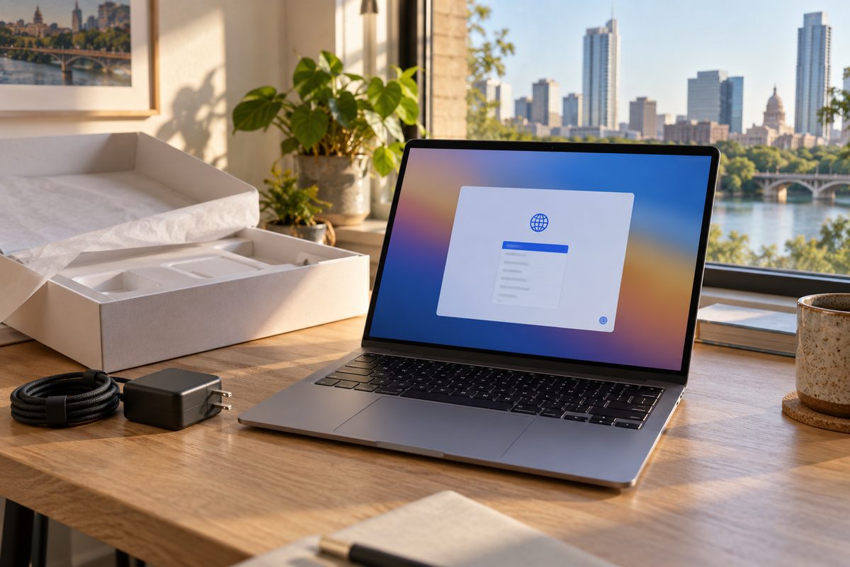 A new laptop at its first setup screen next to its box